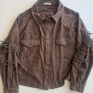 Brown faux Suede Fringe Jacket Size Large Festival Concert Cowgirl Western Boho